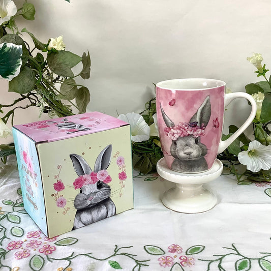 Mug  porcelaine rose lapin ht 10 cm