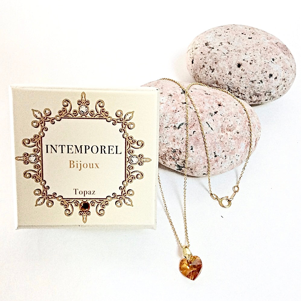 Collier cœur Topaz pendentif cristal Swarovski chaîne maillon ovale acier inox doré