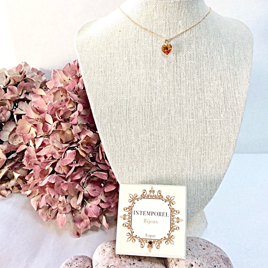 Collier cœur Topaz pendentif cristal Swarovski chaîne maillon ovale acier inox doré