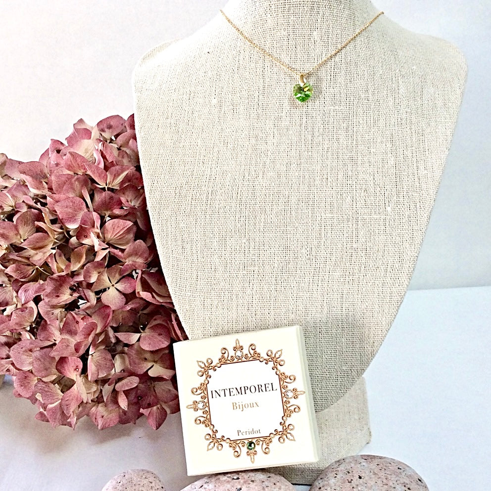Collier cœur Péridot  pendentif cristal Swarovski chaîne maillon ovale acier inox doré