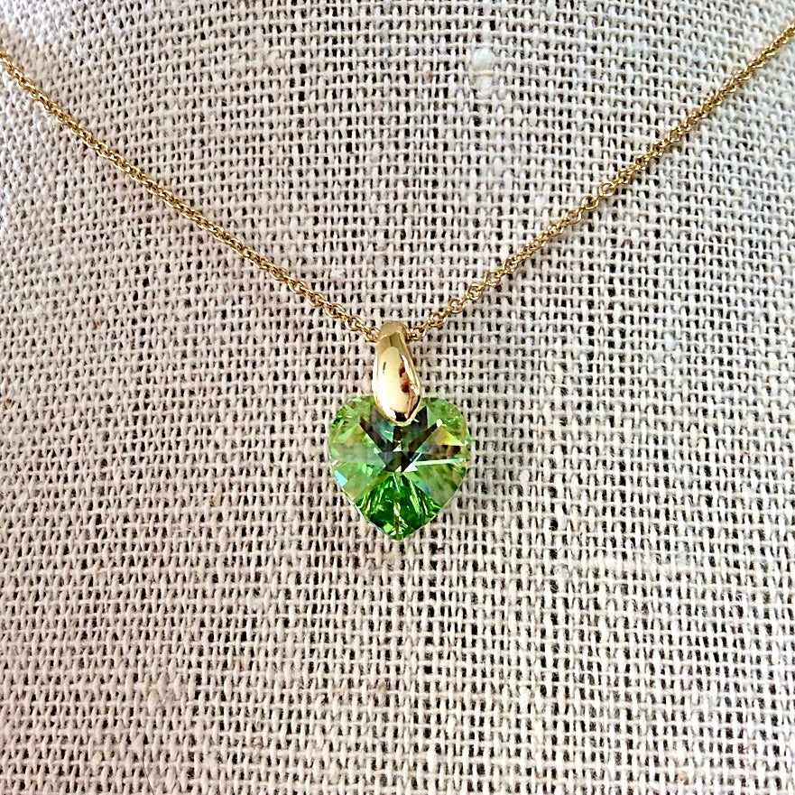 Collier cœur Péridot  pendentif cristal Swarovski chaîne maillon ovale acier inox doré