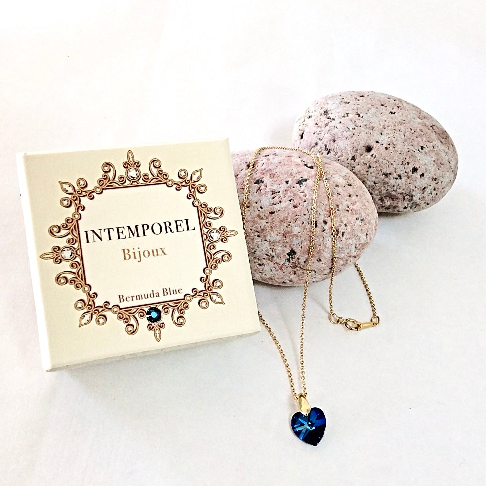 Collier cœur Bermuda blue  pendentif cristal Swarovski chaîne maillon ovale acier inox doré