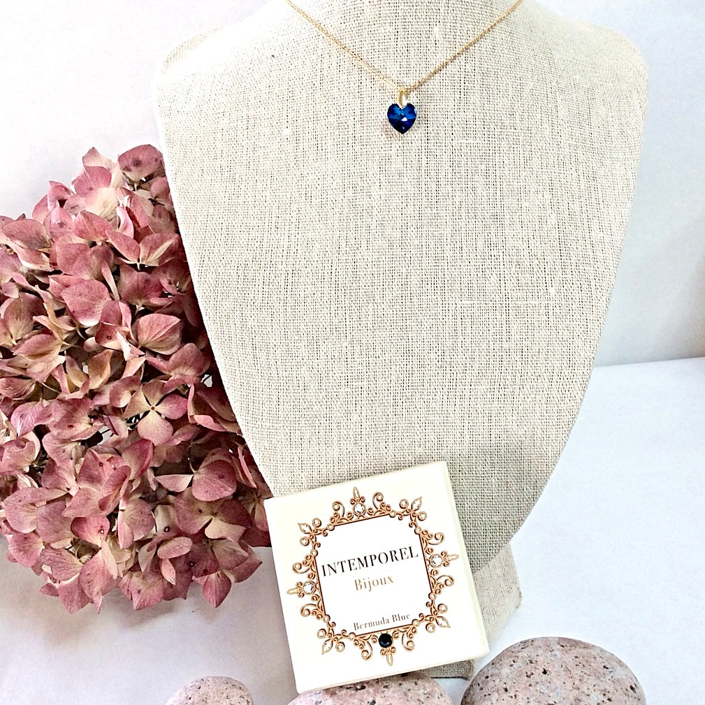 Collier cœur Bermuda blue  pendentif cristal Swarovski chaîne maillon ovale acier inox doré