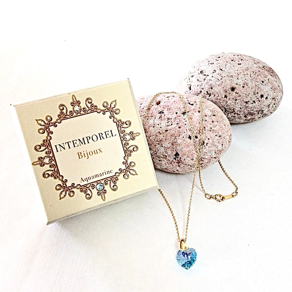 Collier cœur Aquamarine pendentif cristal Swarovski chaîne maillon ovale acier inox doré