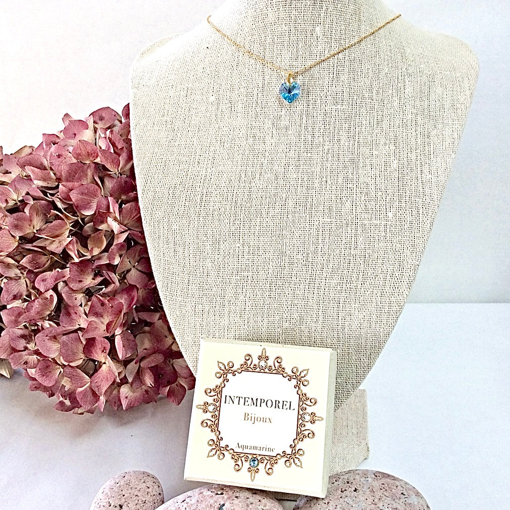 Collier cœur Aquamarine pendentif cristal Swarovski chaîne maillon ovale acier inox doré
