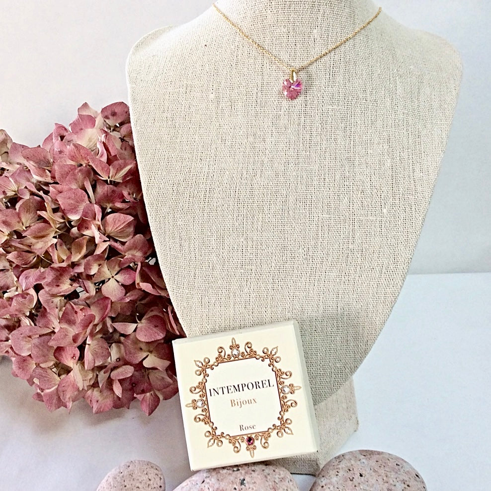 Collier cœur Rose pendentif cristal Swarovski chaîne maillon ovale acier inox doré