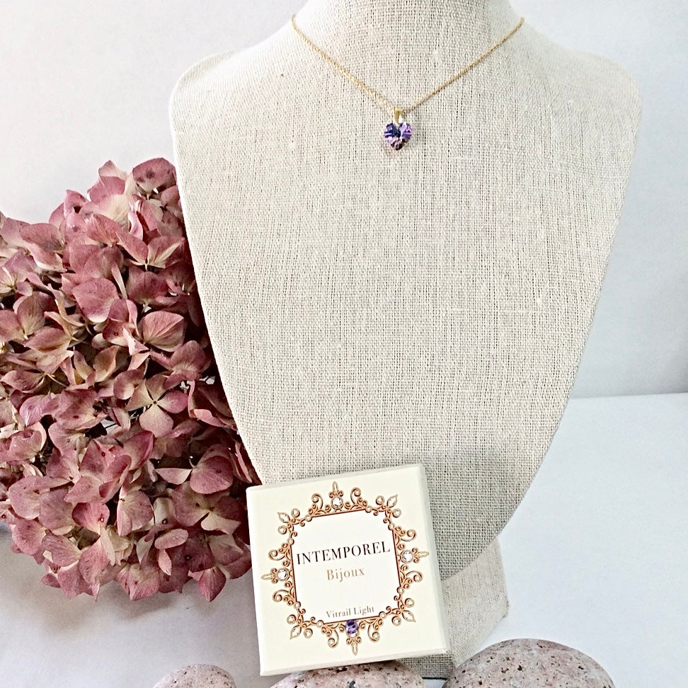 Collier cœur Vitrail Light  pendentif cristal Swarovski chaîne maillon ovale acier inox doré