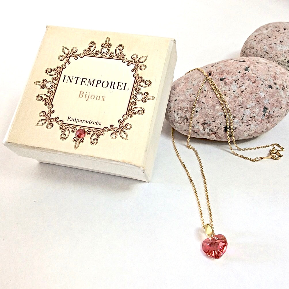 Collier cœur Padparadscha pendentif cristal Swarovski chaîne maillon ovale acier inox doré
