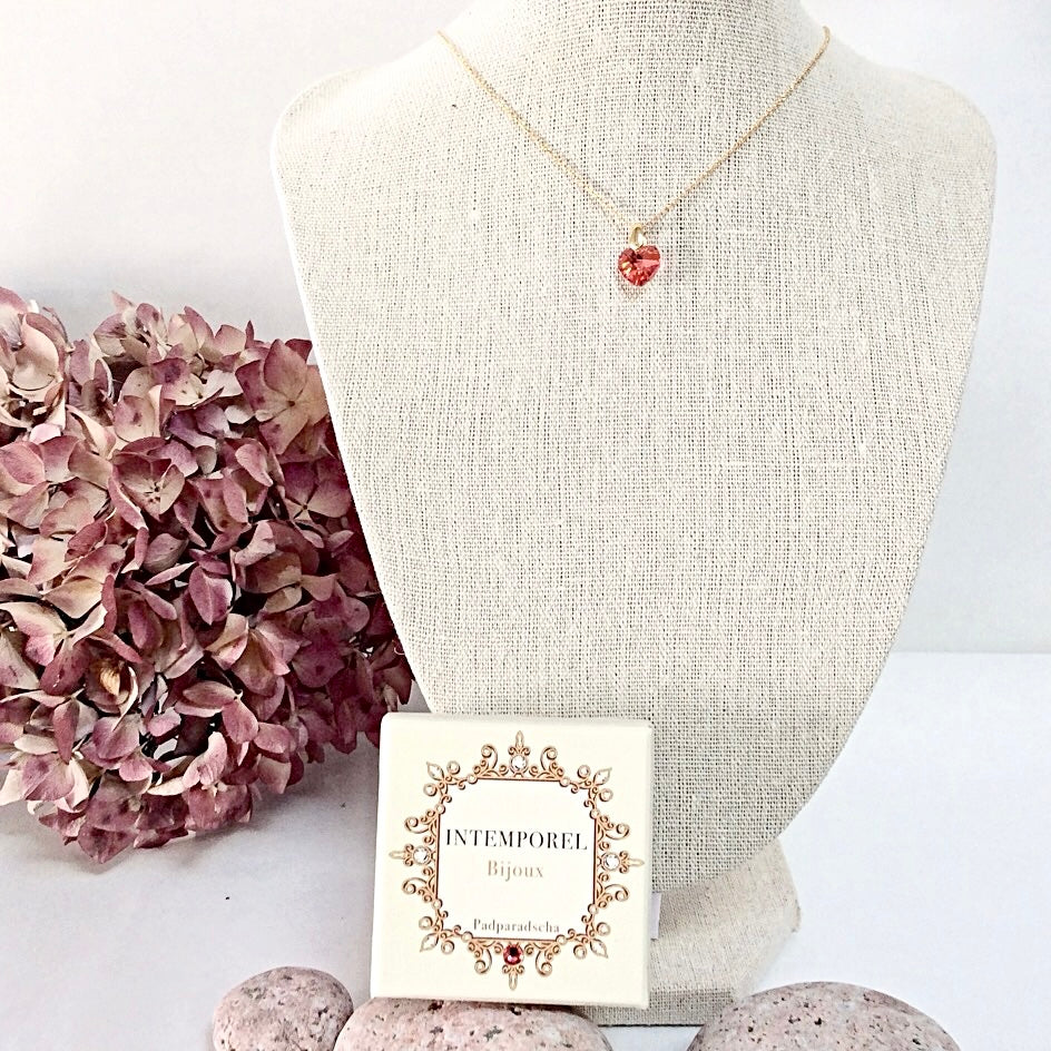 Collier cœur Padparadscha pendentif cristal Swarovski chaîne maillon ovale acier inox doré