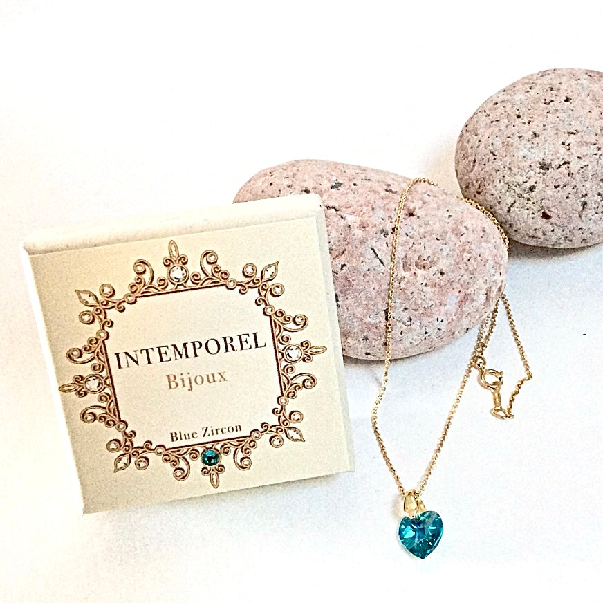 Collier cœur Blue zircon pendentif cristal Swarovski chaîne maillon ovale acier inox doré