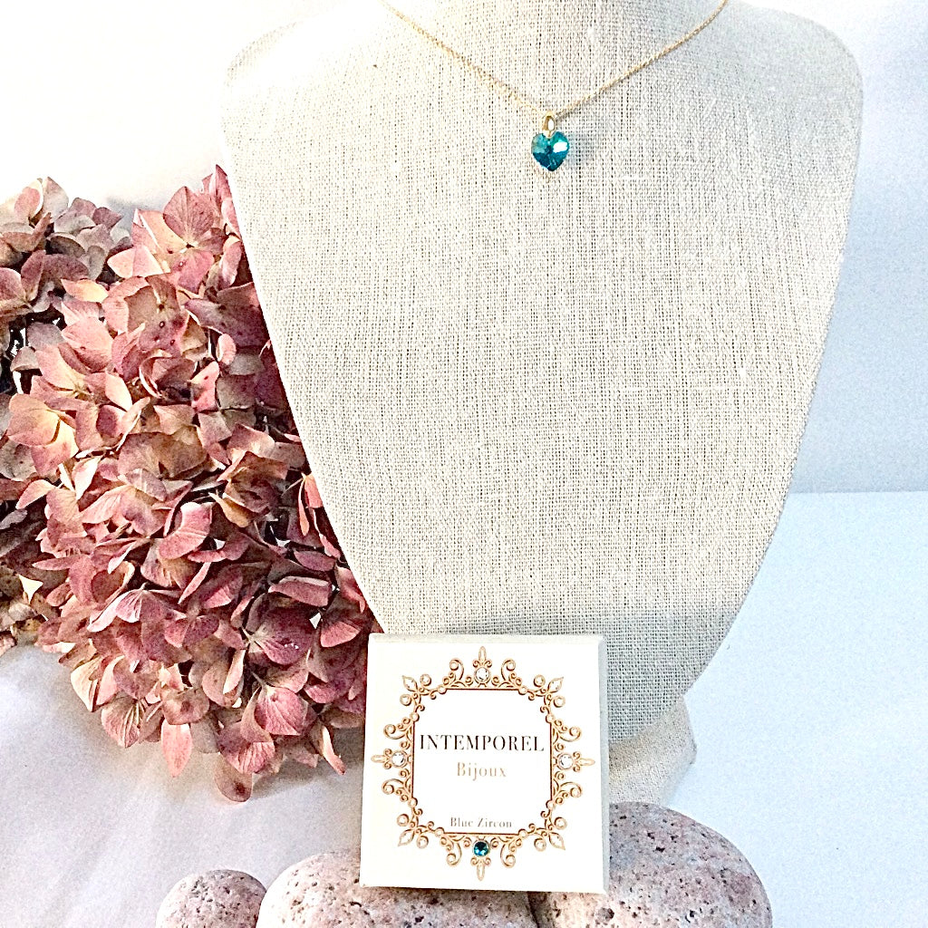 Collier cœur Blue zircon pendentif cristal Swarovski chaîne maillon ovale acier inox doré