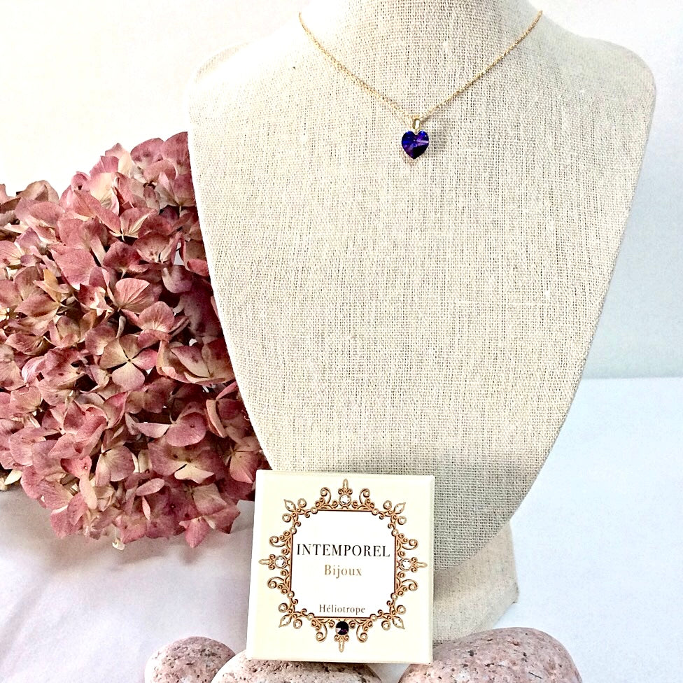 Collier cœur Héliotrope pendentif cristal Swarovski chaîne maillon ovale acier inox doré