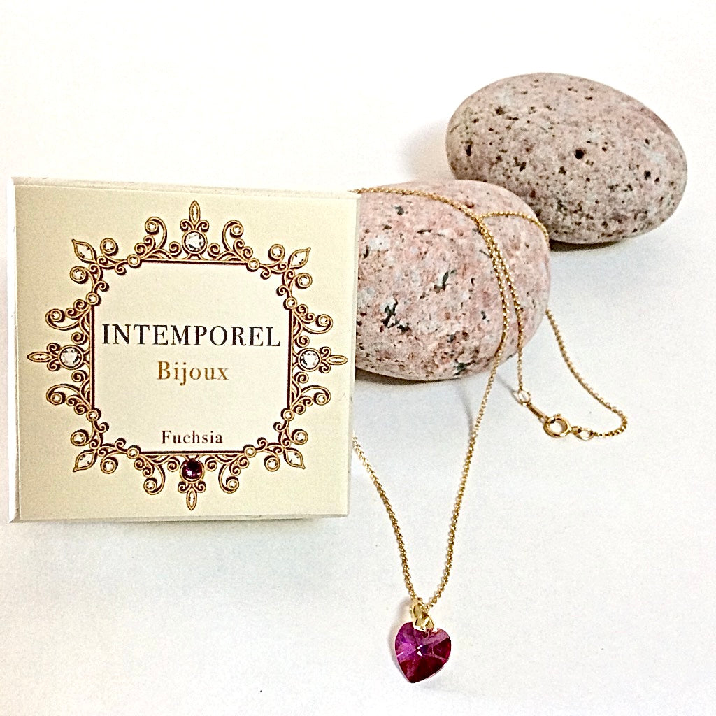 Collier cœur Fuchsia pendentif cristal Swarovski chaîne maillon ovale acier inox doré