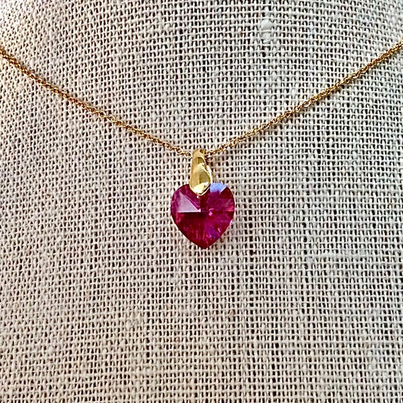Collier cœur Fuchsia pendentif cristal Swarovski chaîne maillon ovale acier inox doré