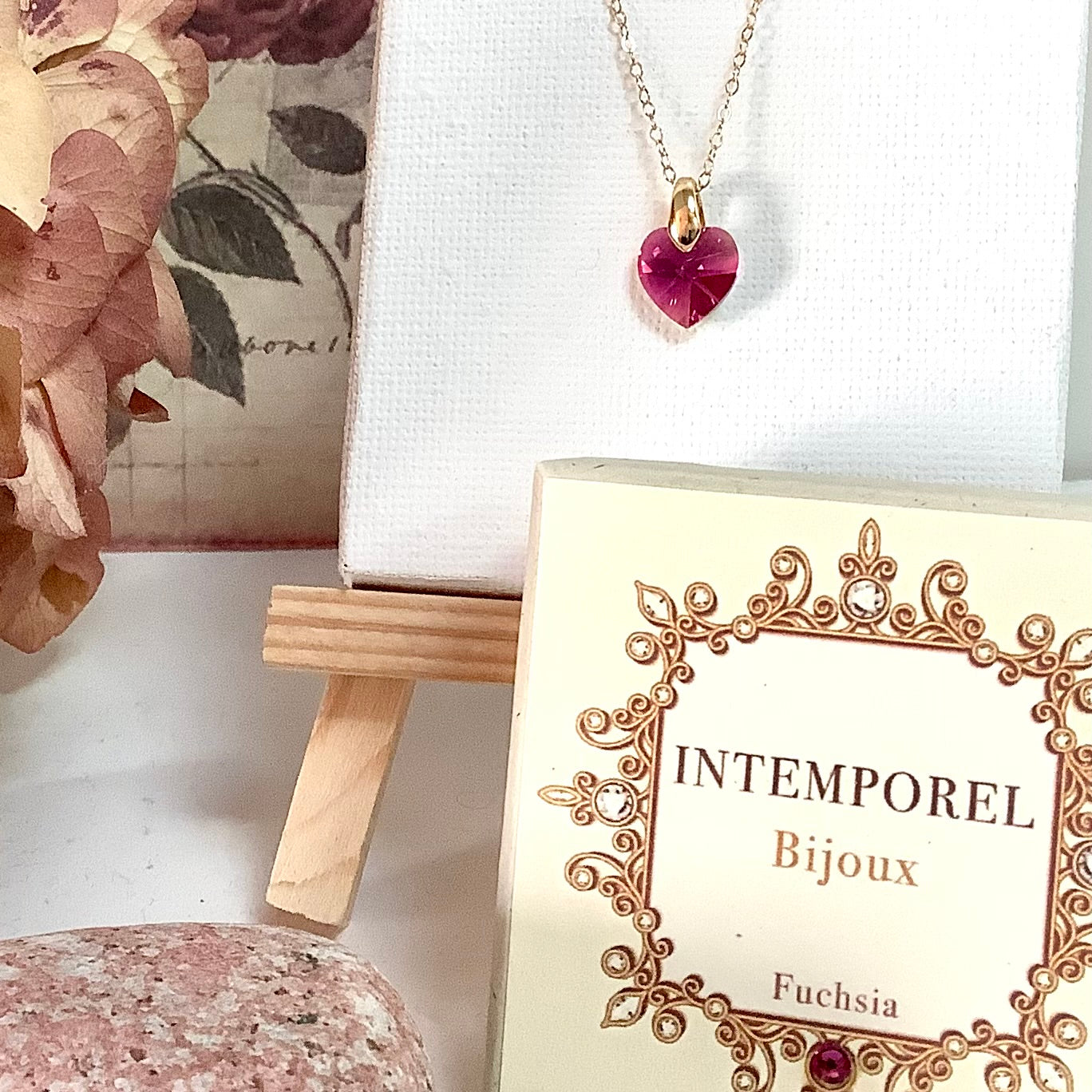 Collier cœur Fuchsia pendentif cristal Swarovski chaîne maillon ovale acier inox doré