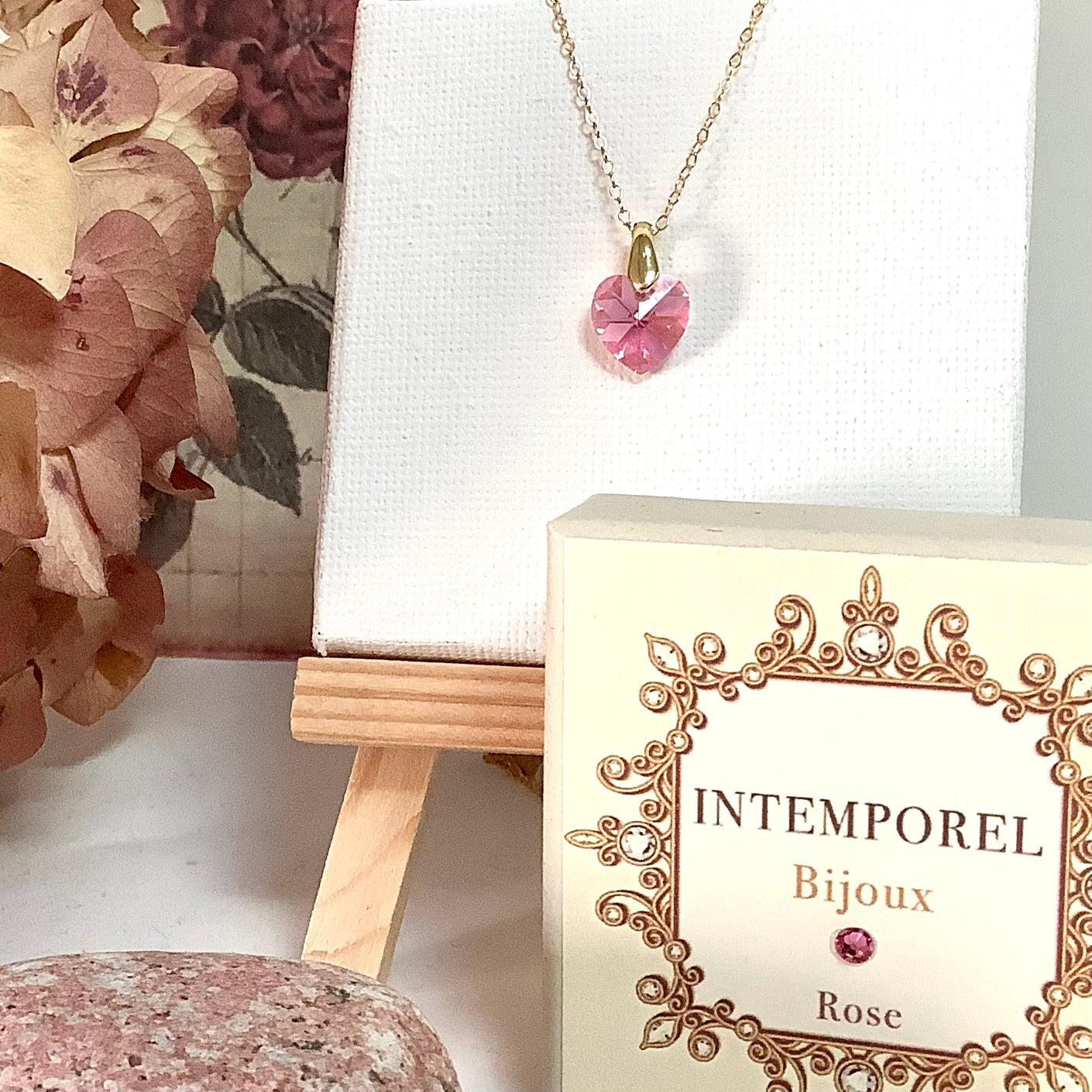 Collier cœur Rose pendentif cristal Swarovski chaîne maillon ovale acier inox doré