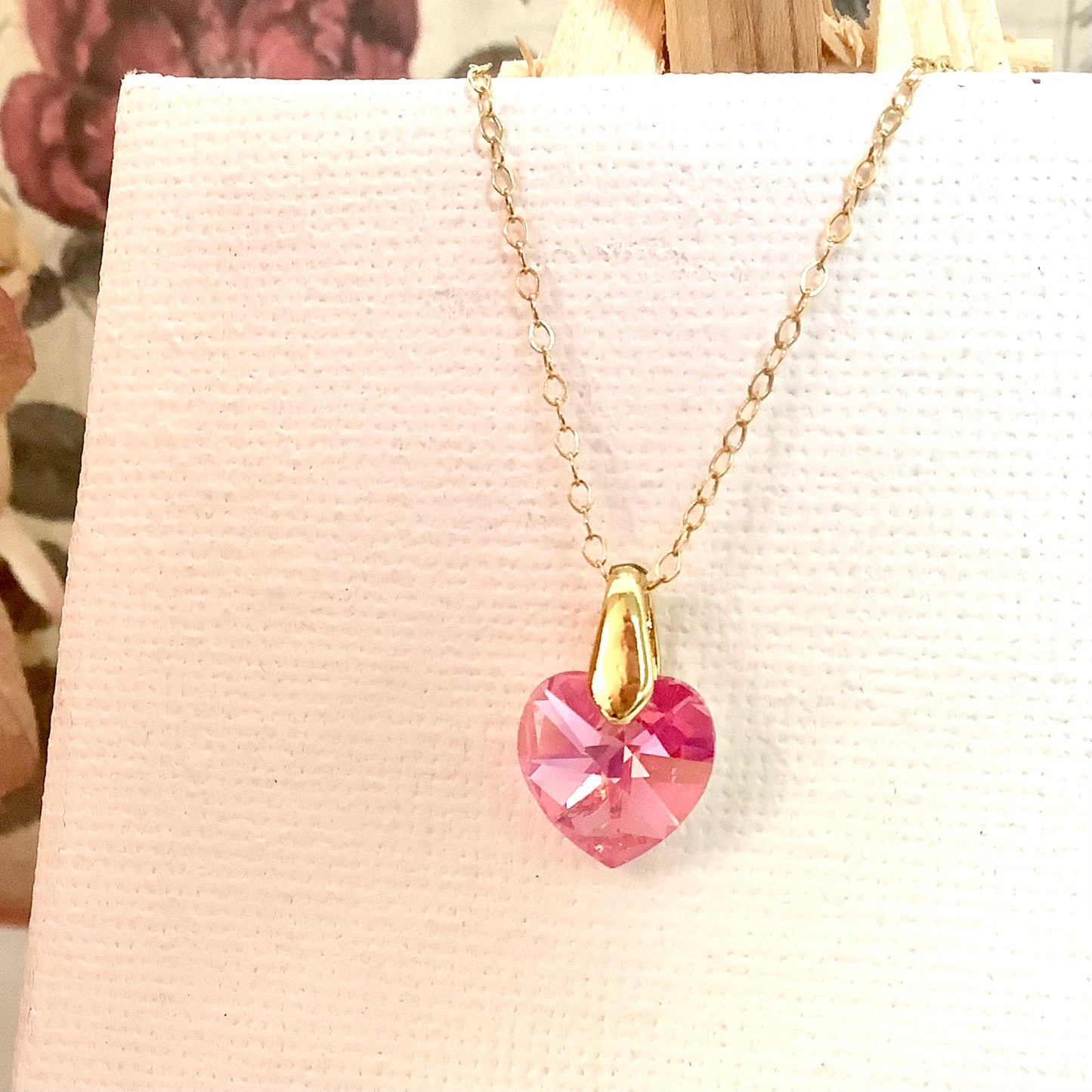 Collier cœur Rose pendentif cristal Swarovski chaîne maillon ovale acier inox doré