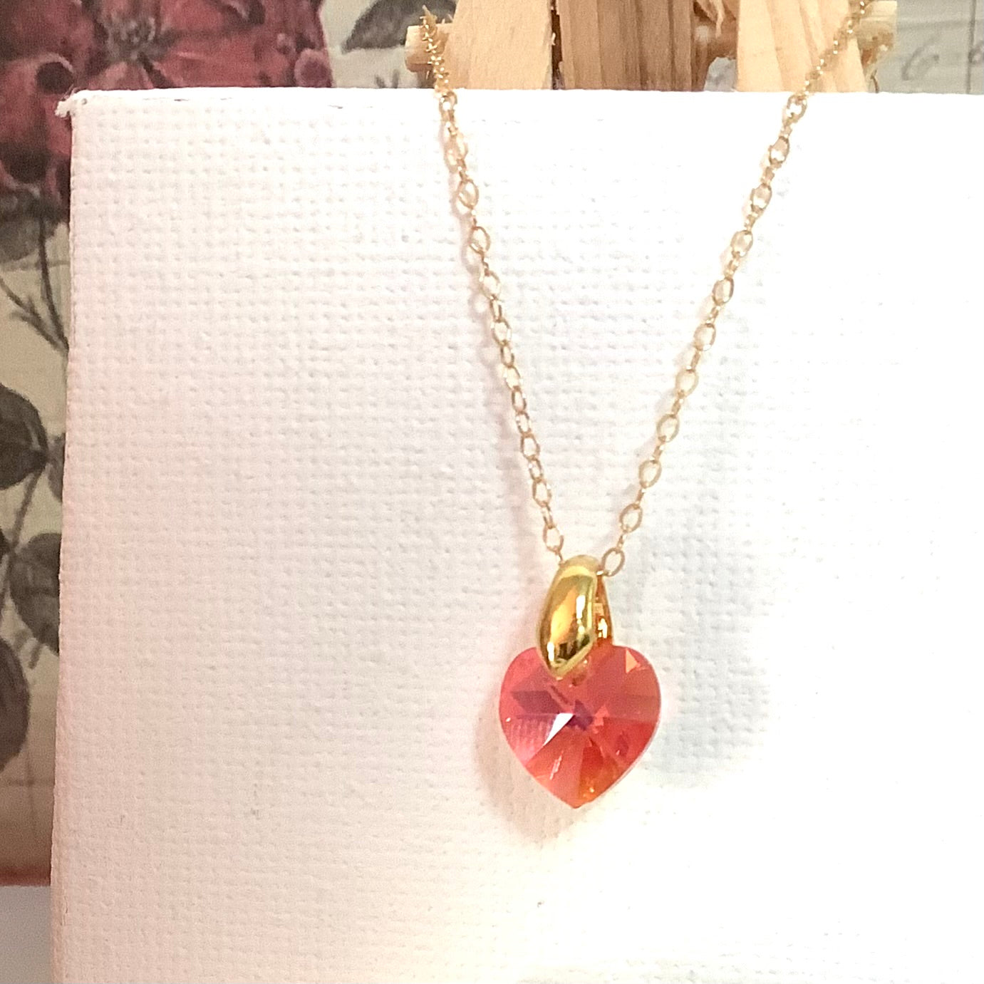 Collier cœur Padparadscha pendentif cristal Swarovski chaîne maillon ovale acier inox doré