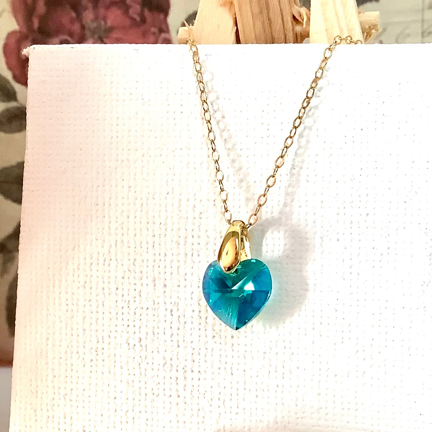 Collier cœur Blue zircon pendentif cristal Swarovski chaîne maillon ovale acier inox doré