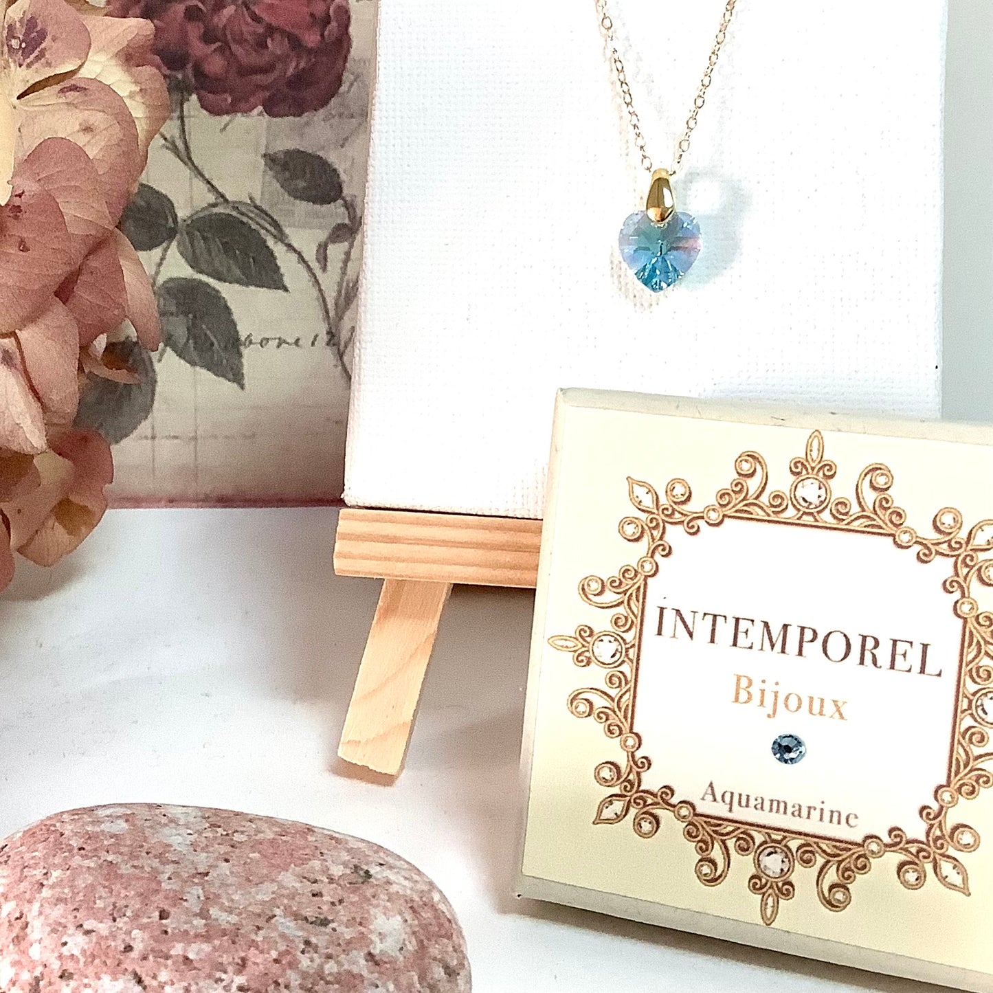 Collier cœur Aquamarine pendentif cristal Swarovski chaîne maillon ovale acier inox doré