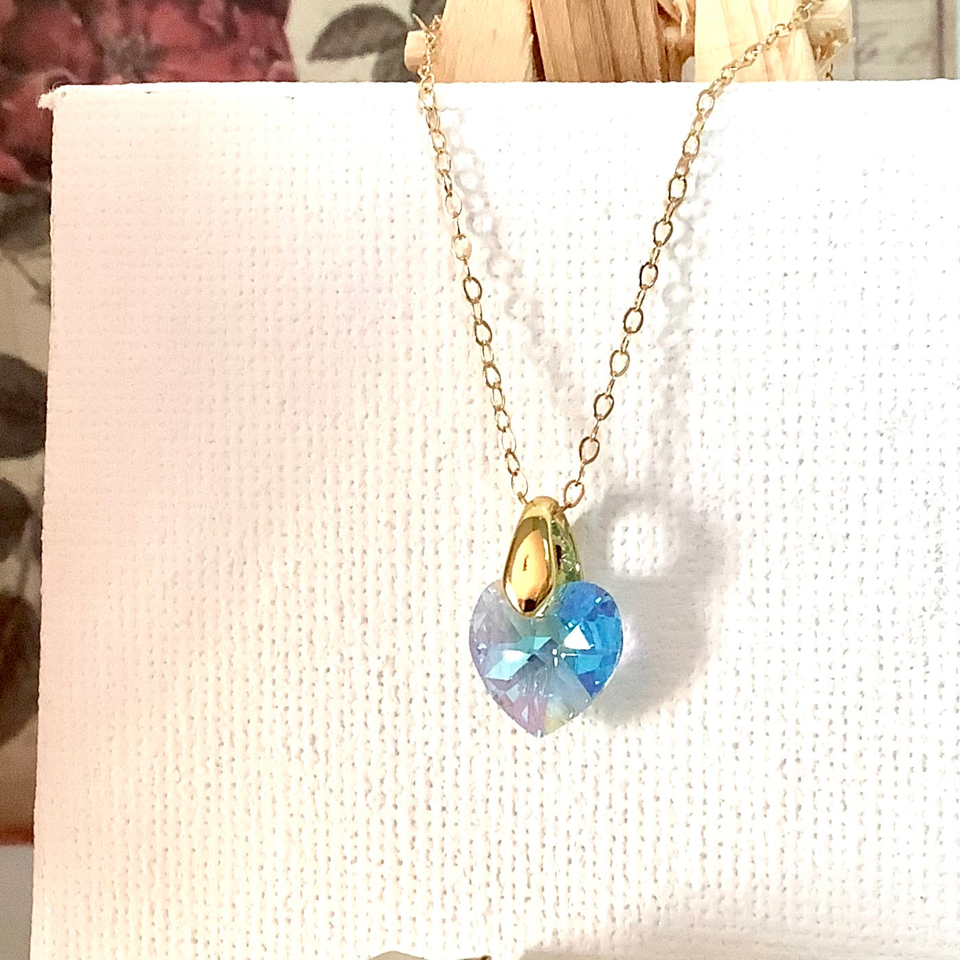 Collier cœur Aquamarine pendentif cristal Swarovski chaîne maillon ovale acier inox doré