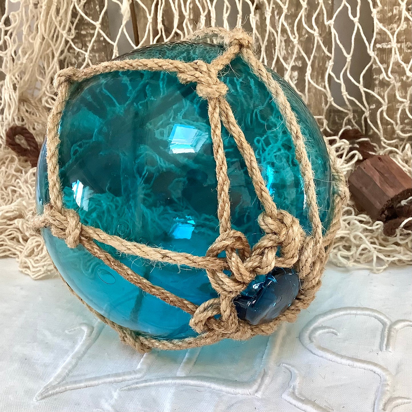 Boule de casier verre bleu turquoise décoration marine diamètre 13 cm