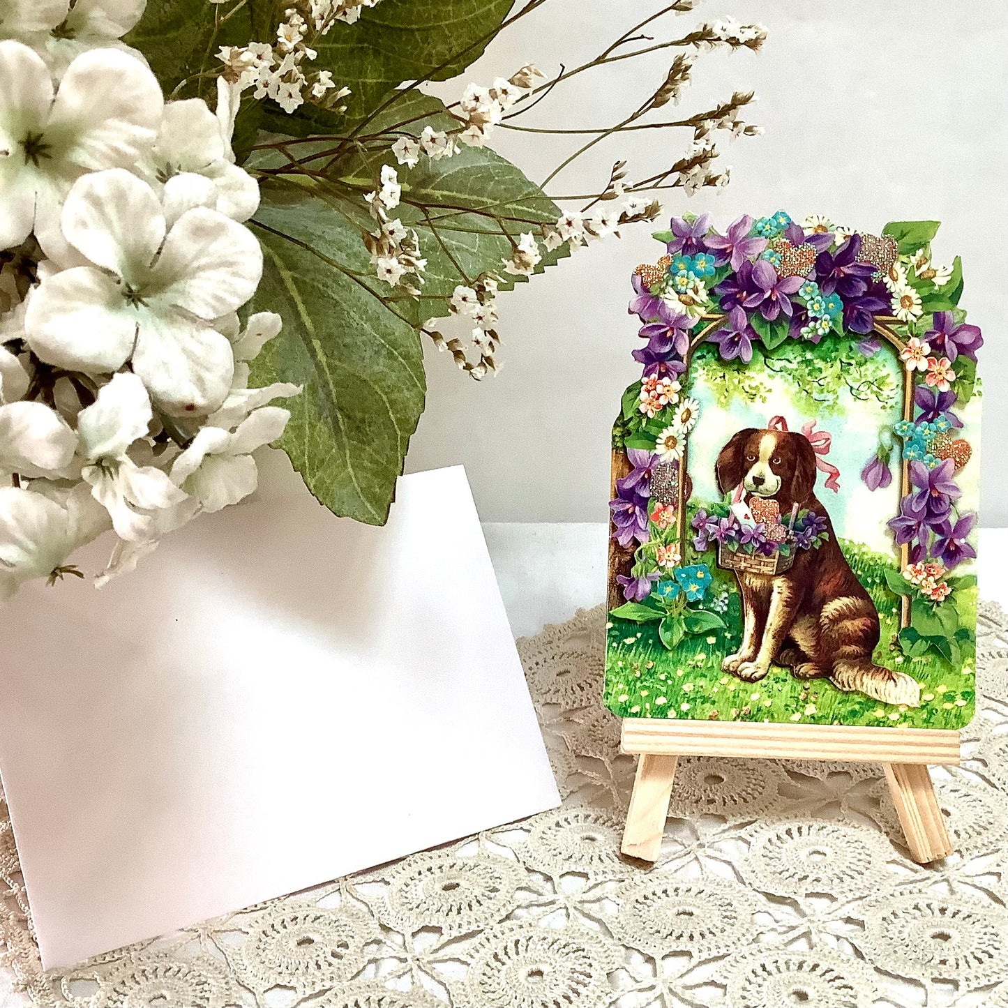 Carte enveloppe vintage 3D royal garden chien