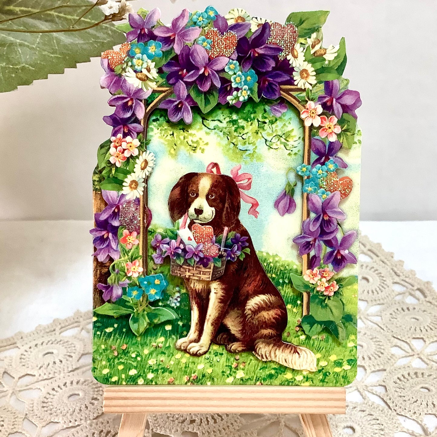 Carte enveloppe vintage 3D royal garden chien