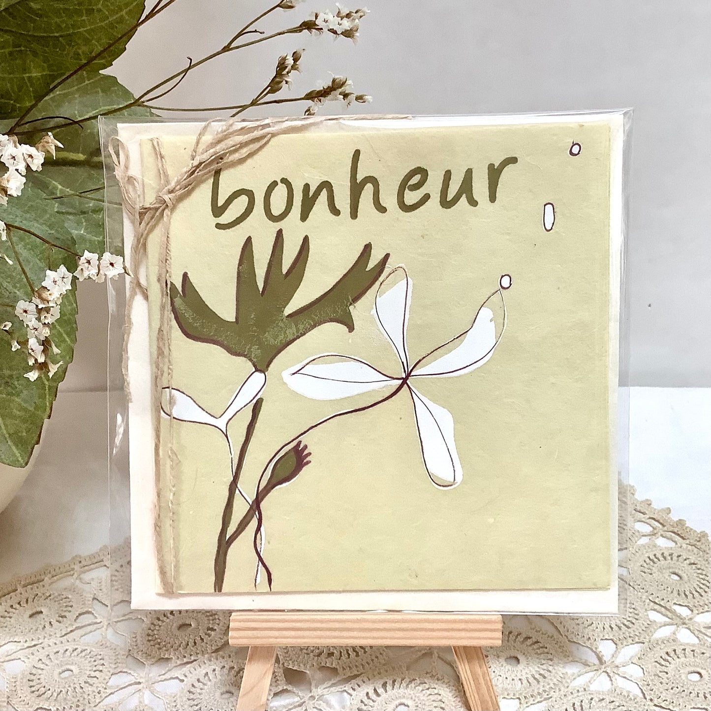 Carte postale enveloppe bonheur papier artisanal mûrier 13,5x13,5 cm, bruit de cadre