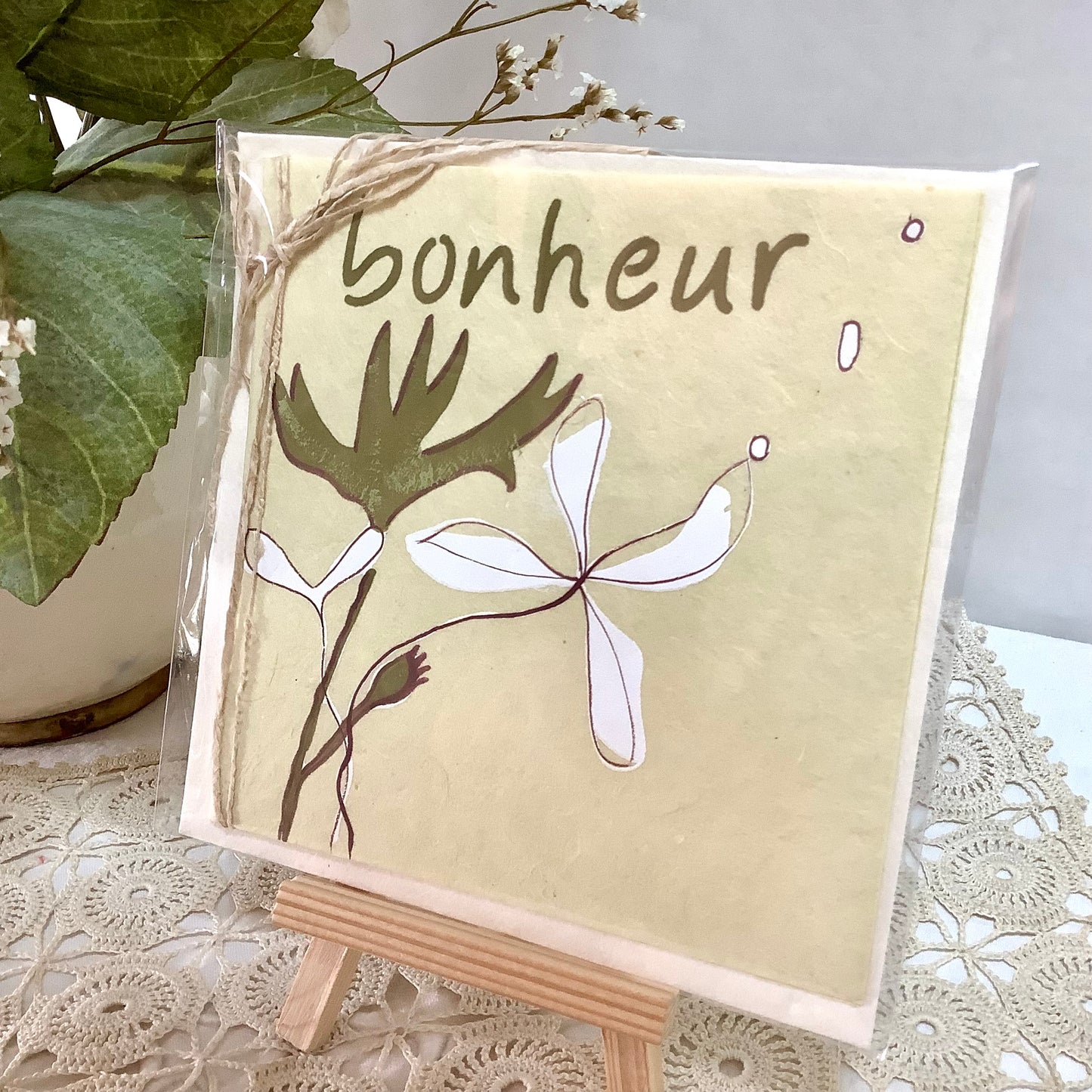 Carte postale enveloppe bonheur papier artisanal mûrier 13,5x13,5 cm, bruit de cadre