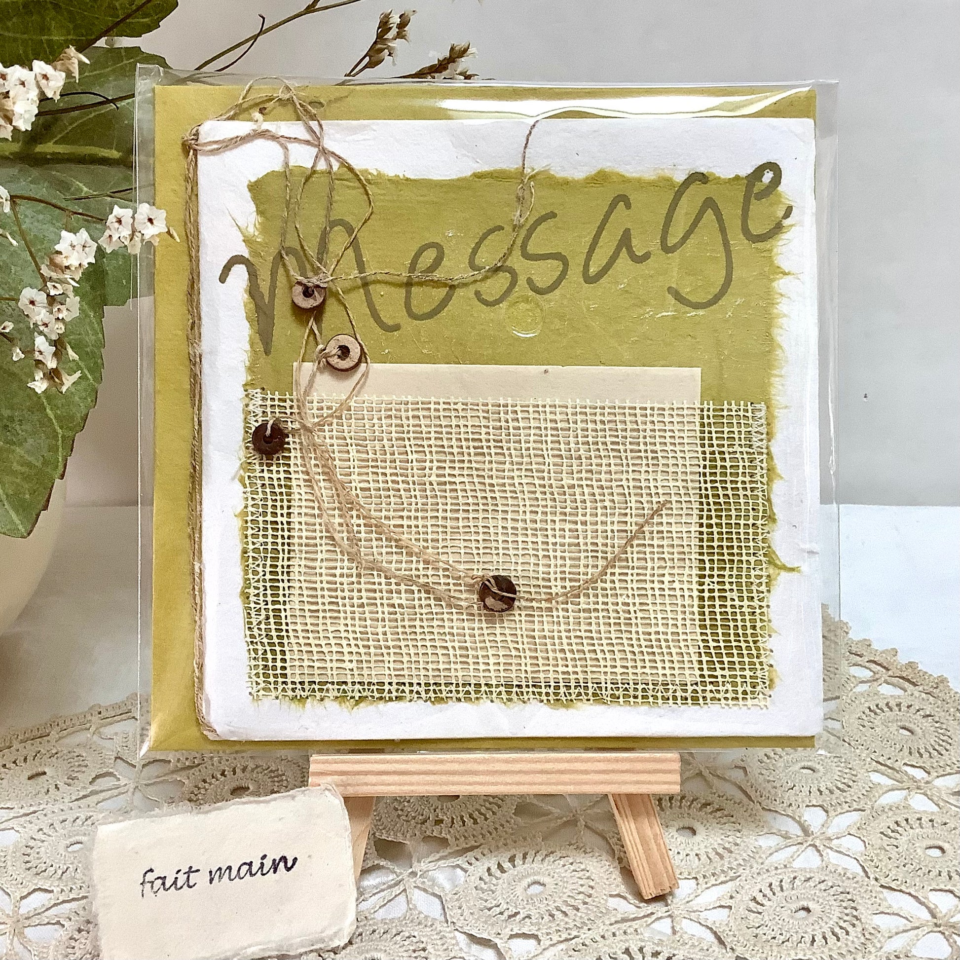 Carte postale enveloppe message papier artisanal mûrier 13,5x13,5 cm, bruit de cadre