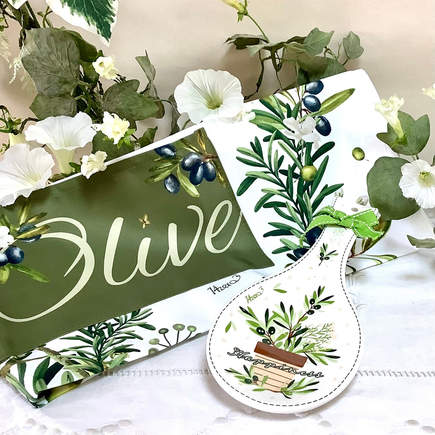 Tablier cuisine repose cuillère céramique thème olive modèle B