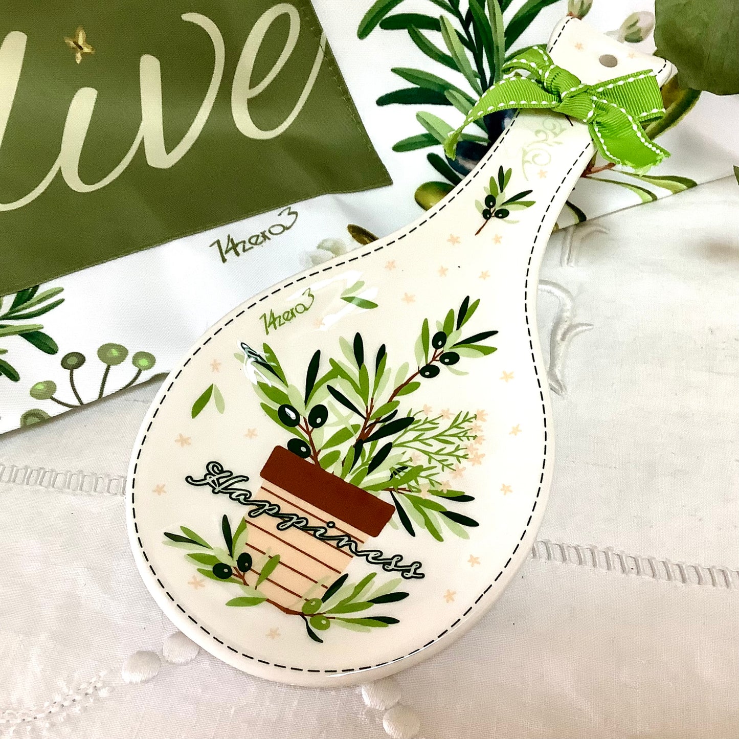 Tablier cuisine repose cuillère céramique thème olive modèle B