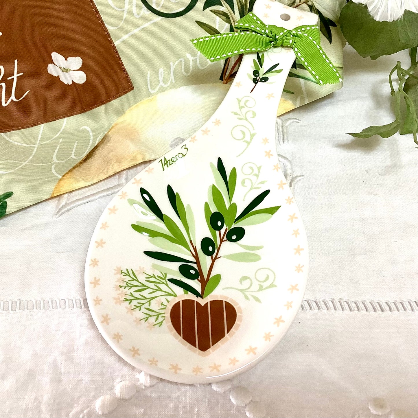 Tablier cuisine repose cuillère céramique thème olive modèle A