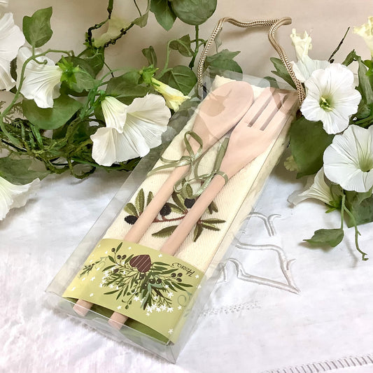 Torchon coton brodé couverts bois thème olive