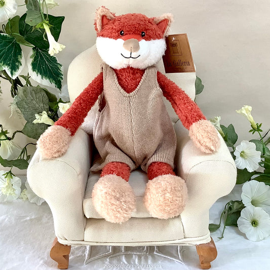 Renard en peluche salopette beige la galleria ht 33 cm