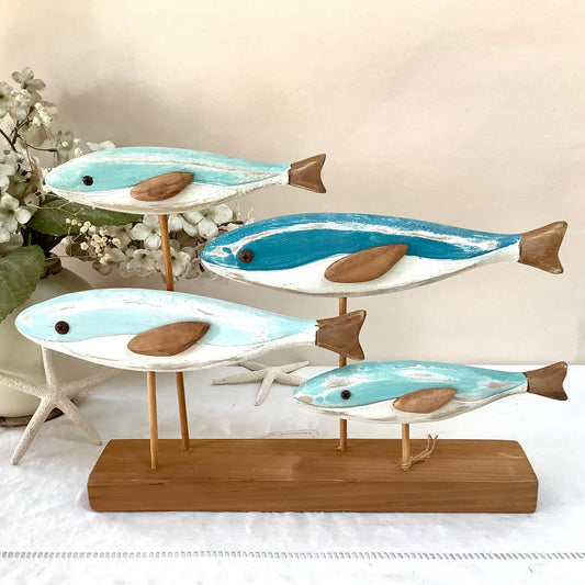 Banc de poissons bois décoration marine ht 24 cm