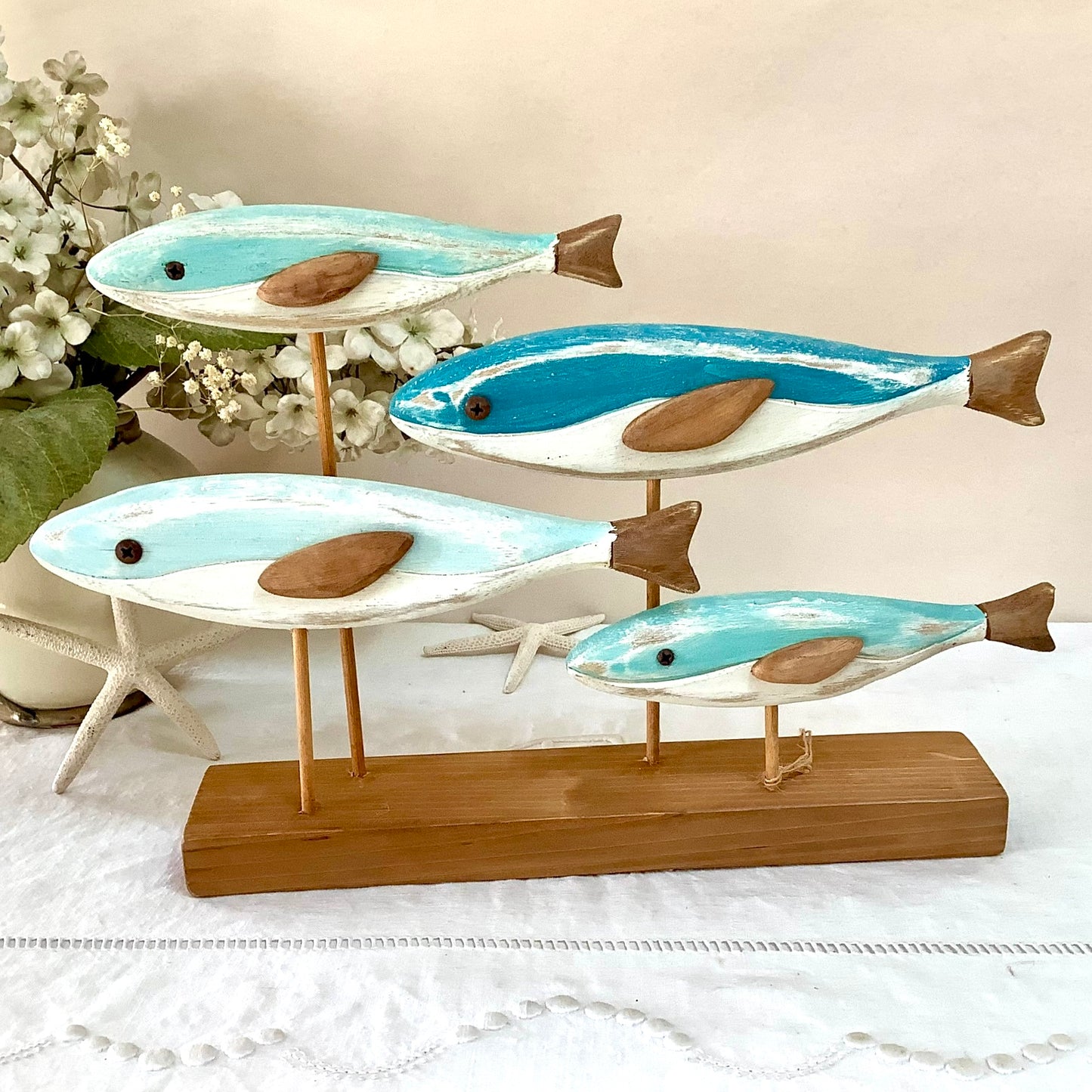 Banc de poissons bois décoration marine ht 24 cm