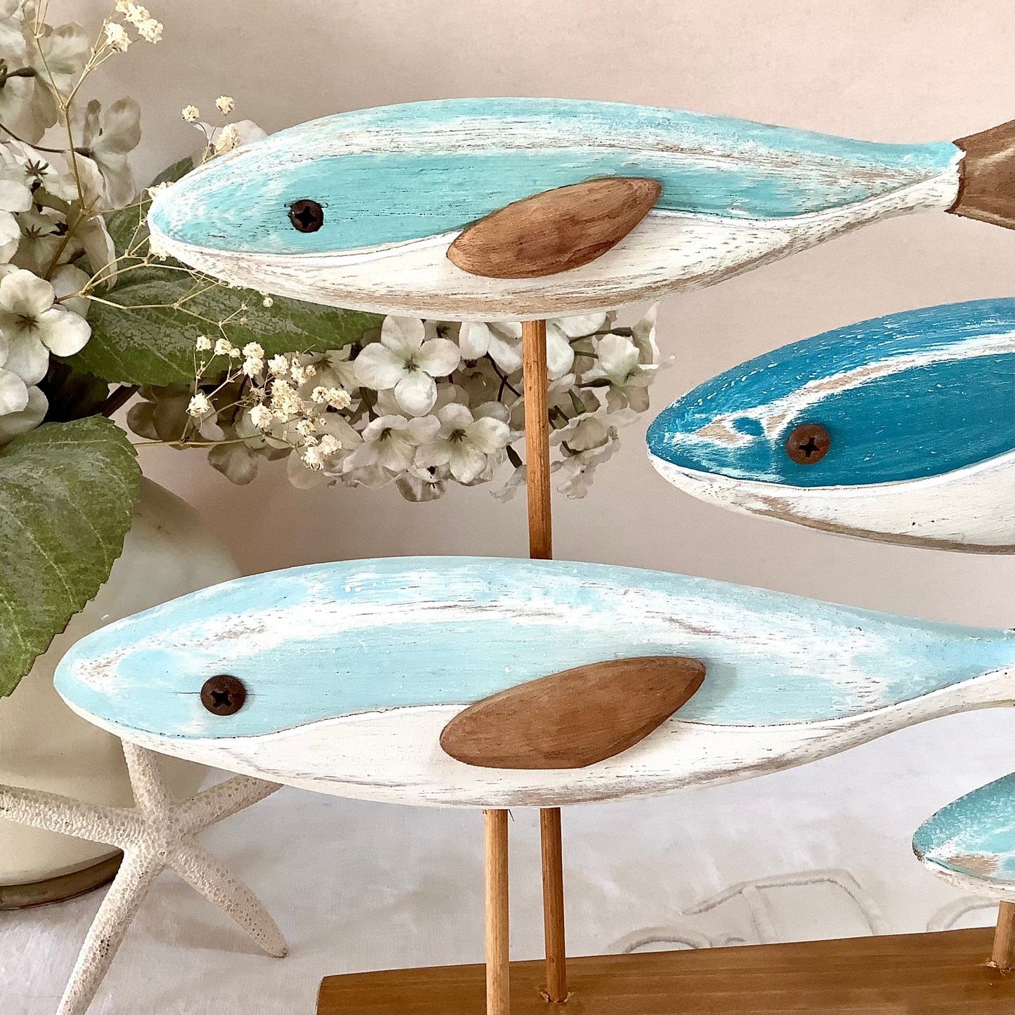 Banc de poissons bois décoration marine ht 24 cm