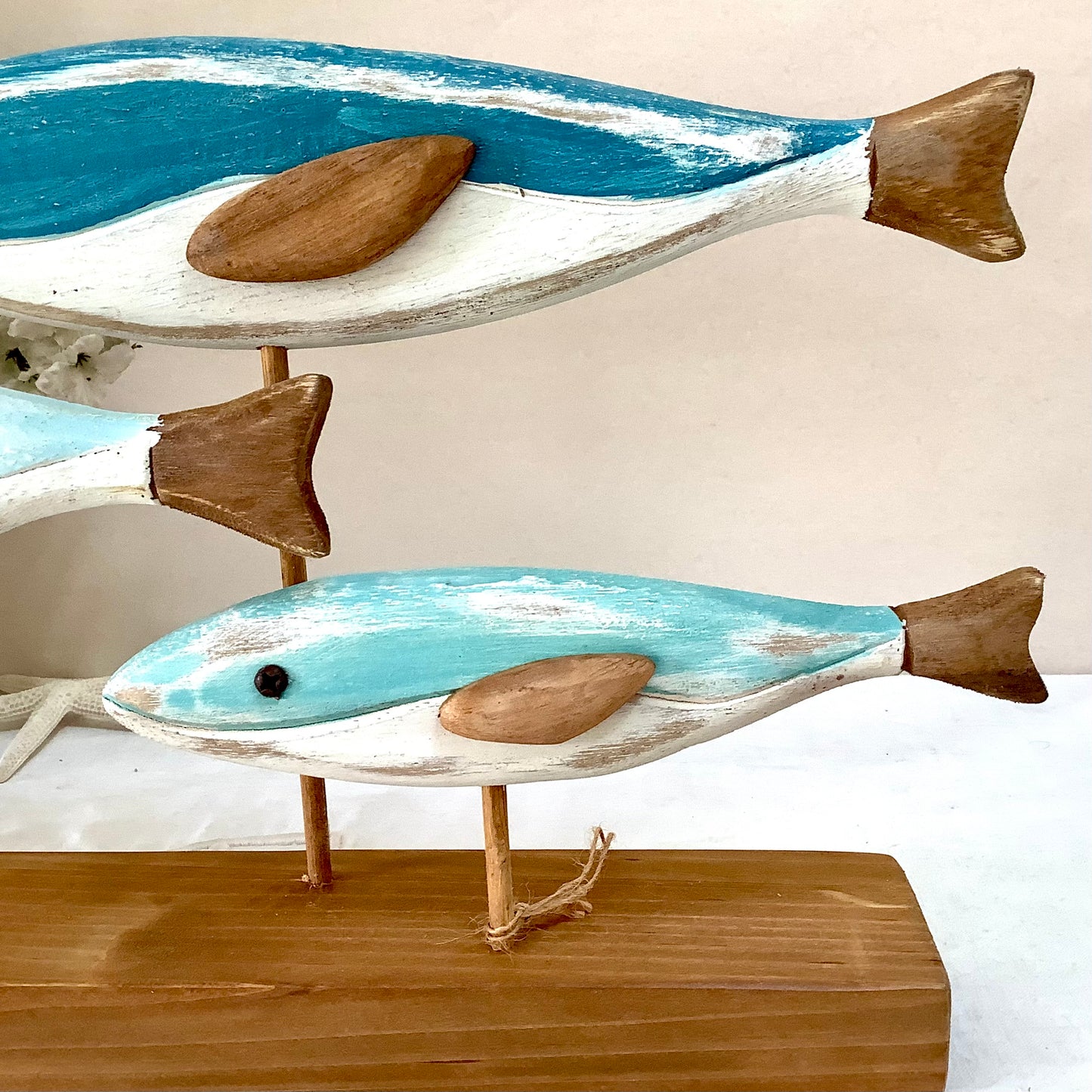 Banc de poissons bois décoration marine ht 24 cm