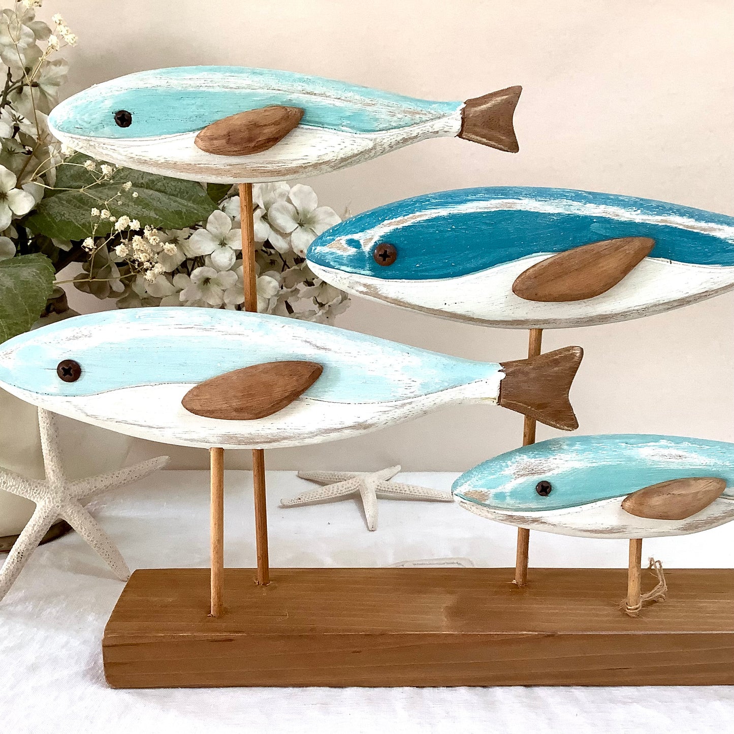 Banc de poissons bois décoration marine ht 24 cm