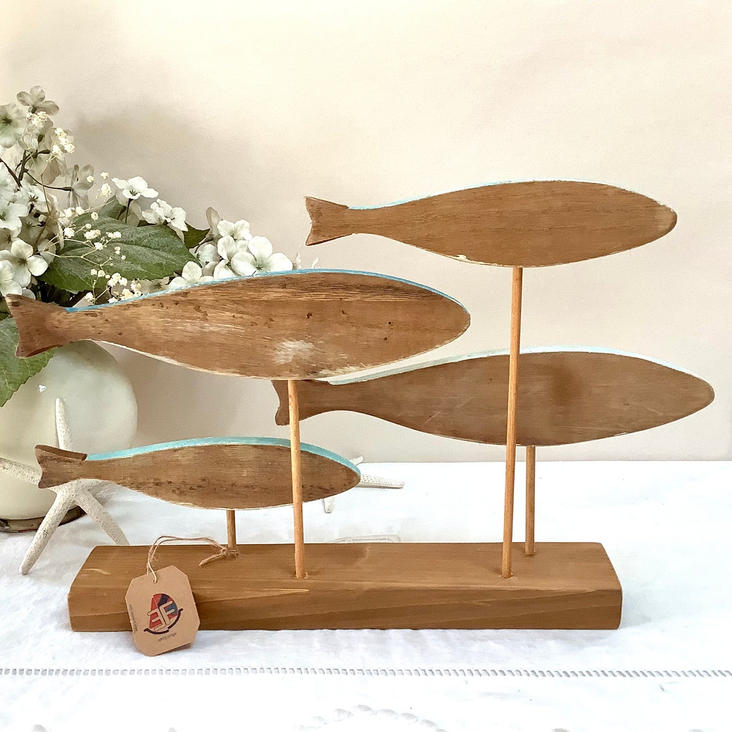 Banc de poissons bois décoration marine ht 24 cm