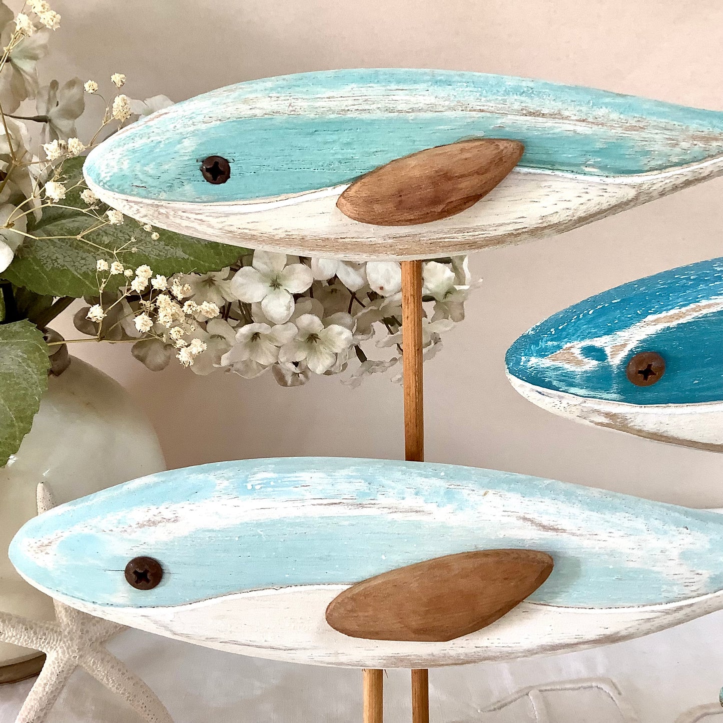 Banc de poissons bois décoration marine ht 24 cm
