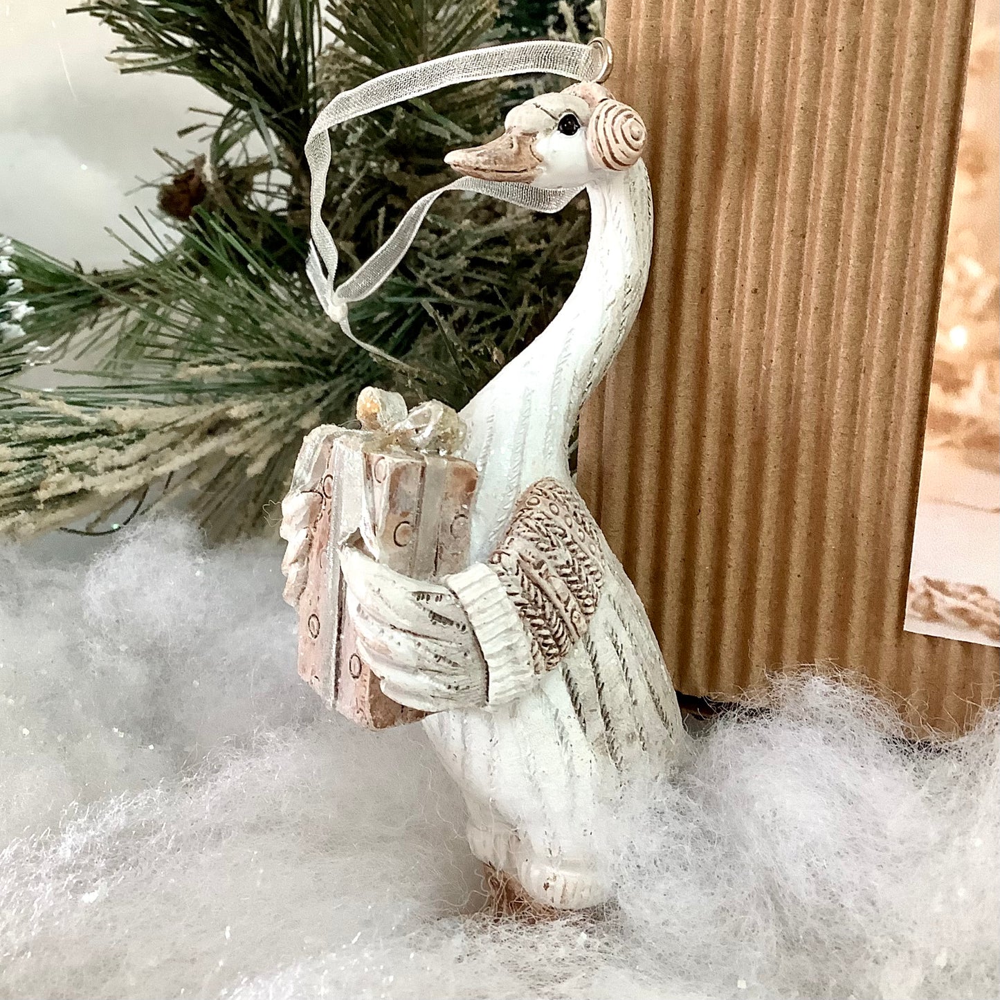 Figurines oies beige décoration de Noël résine ht 10.5 cm