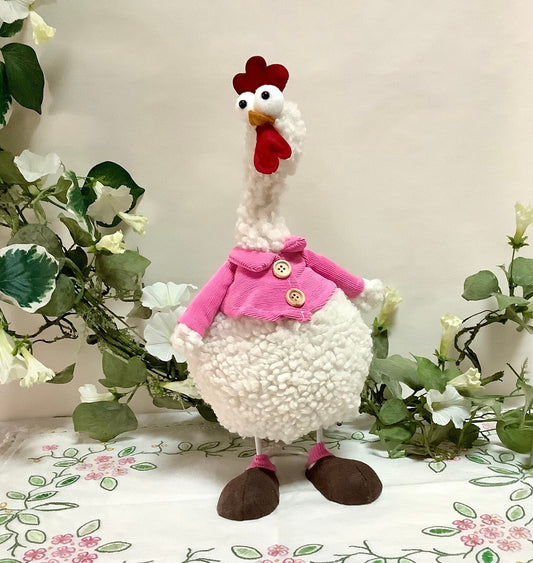 Poule peluche décoration veste rose vintage ht 33 cm
