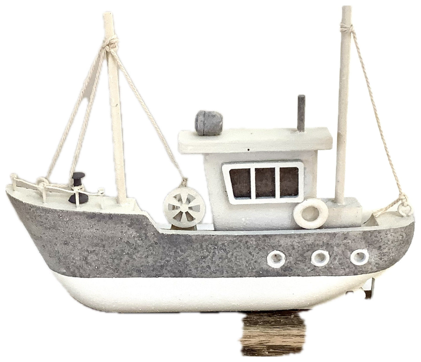 Bateau de pêche bois gris blanc décoration marine ht 16 cm