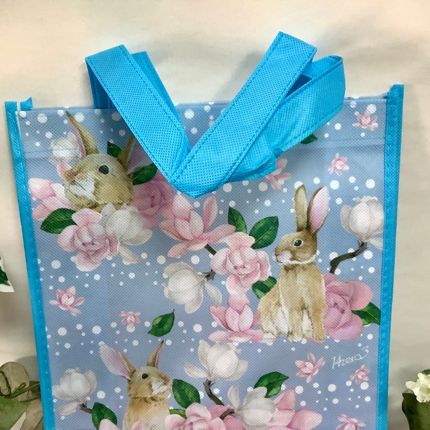 Sac Pâques bleu motifs lapin ht 28 cm
