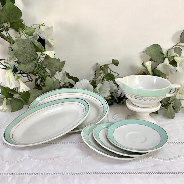 Saucière raviers petites assiettes vert et blanc vintage