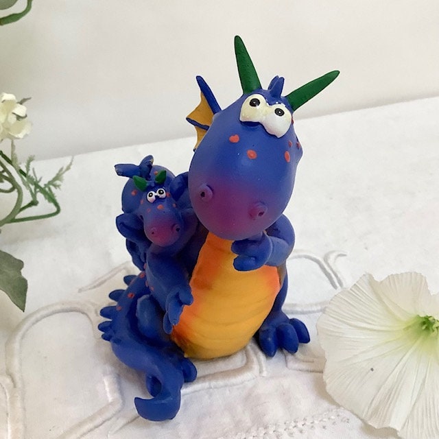 Figurine résine dragon bleu avec bébé vintage