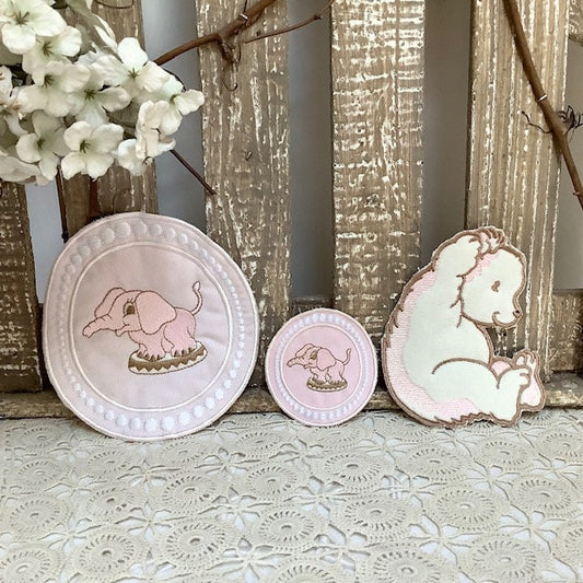 Écussons à coudre hérisson éléphants rose vintage